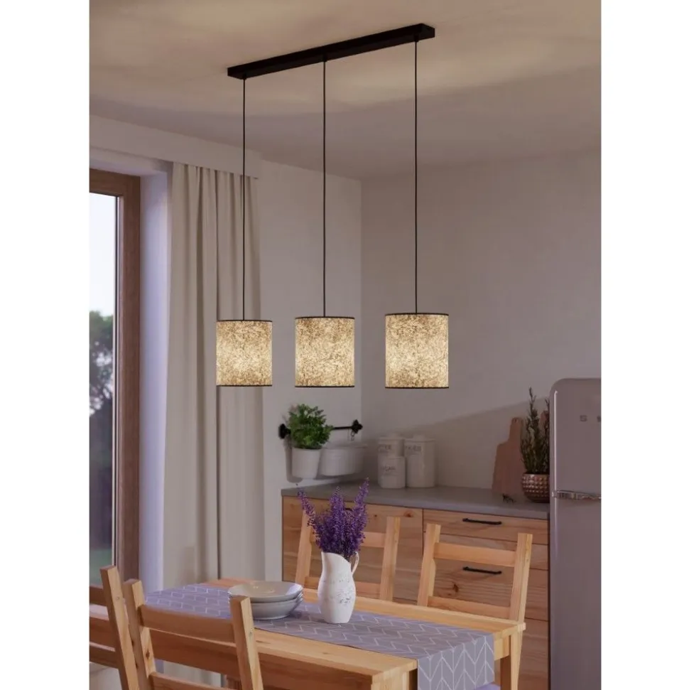 Eglo BUTTERBURN hanglamp staal zwart / textiel met berkenbladeren beige, groen H: 1100 mm