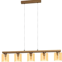 Eglo CASTRALVO hanglamp staal, hout nikkel-mat, bruin / glas gestoomd amber H: 1100 mm