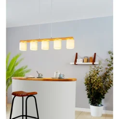 Eglo CASTRALVO hanglamp staal, hout nikkel-mat, bruin / textiel wit H: 1100 mm