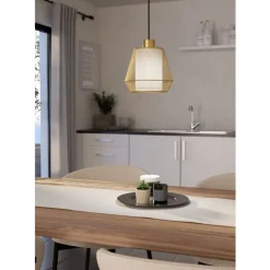 Eglo CIUDADELA hanglamp staal zwart / staal, textiel geborsteld messing, wit H: 1100 mm | Ø 180 mm