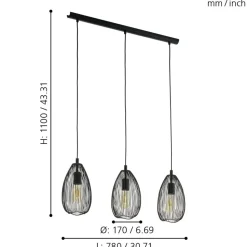 Eglo CLEVEDON hanglamp staal zwart H: 1100 mm