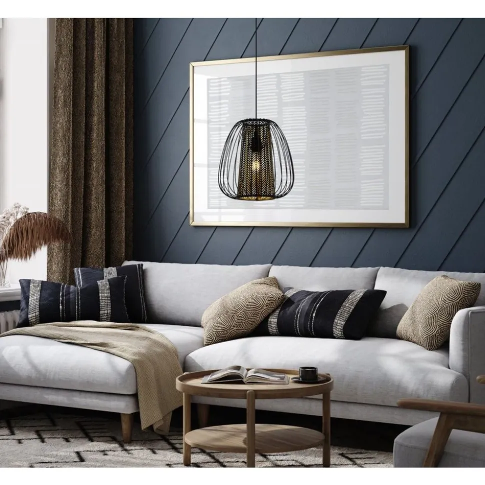 Eglo CURASAO hanglamp staal zwart / staal, textiel zwart, goud H: 1100 mm | Ø 335 mm