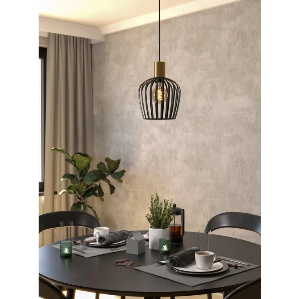 Eglo EMPOLI hanglamp staal zwart, geborsteld messing H: 1100 mm | Ø 200 mm