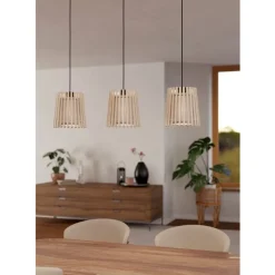 Eglo FATTORIA hanglamp staal zwart / hout, textiel natuur, wit H: 1100 mm