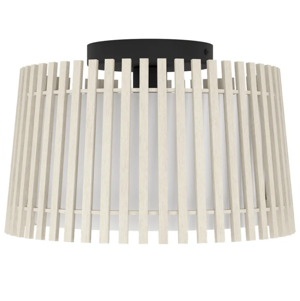 Eglo FATTORIA Plafondarmaturen staal zwart / hout, textiel natuur, wit H: 240 mm | Ø 380 mm