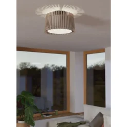 Eglo FATTORIA Plafondarmaturen staal zwart / hout, textiel natuur, wit H: 240 mm | Ø 380 mm