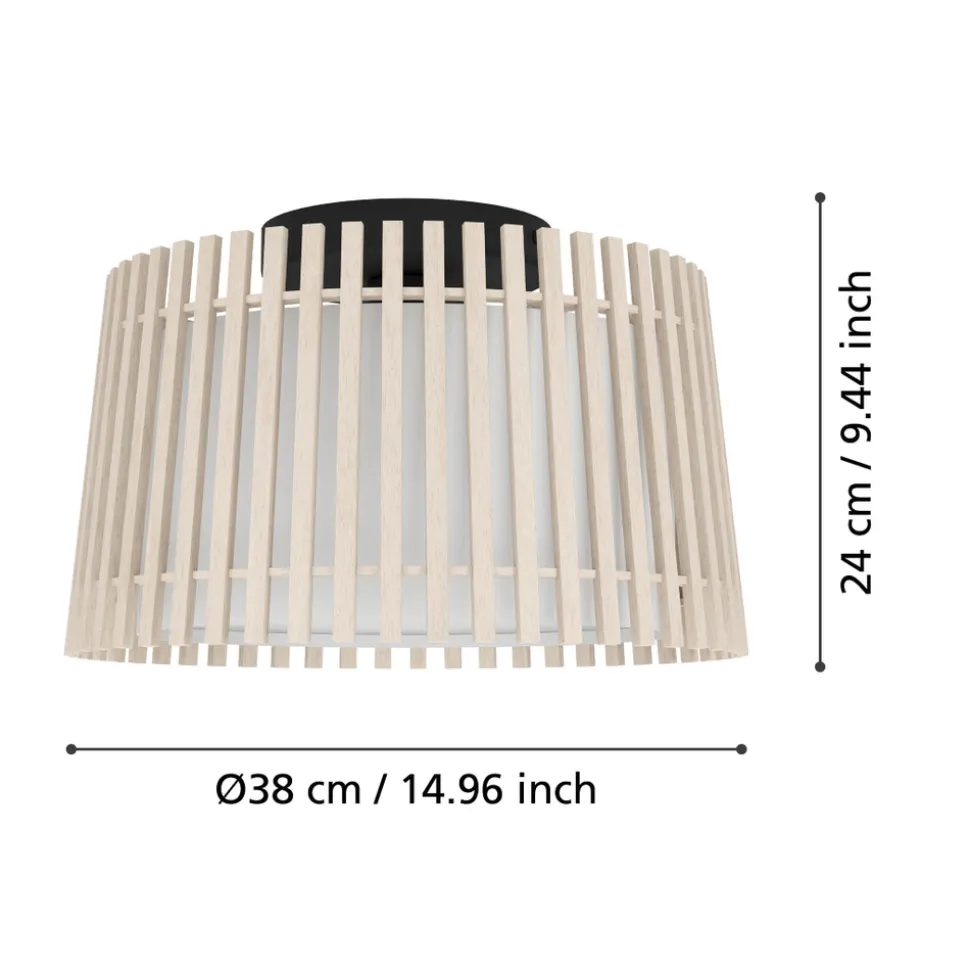 Eglo FATTORIA Plafondarmaturen staal zwart / hout, textiel natuur, wit H: 240 mm | Ø 380 mm