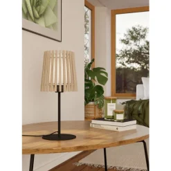 Eglo FATTORIA Tafellampen staal zwart / hout, textiel natuur, wit H: 450 mm | Ø 200 mm