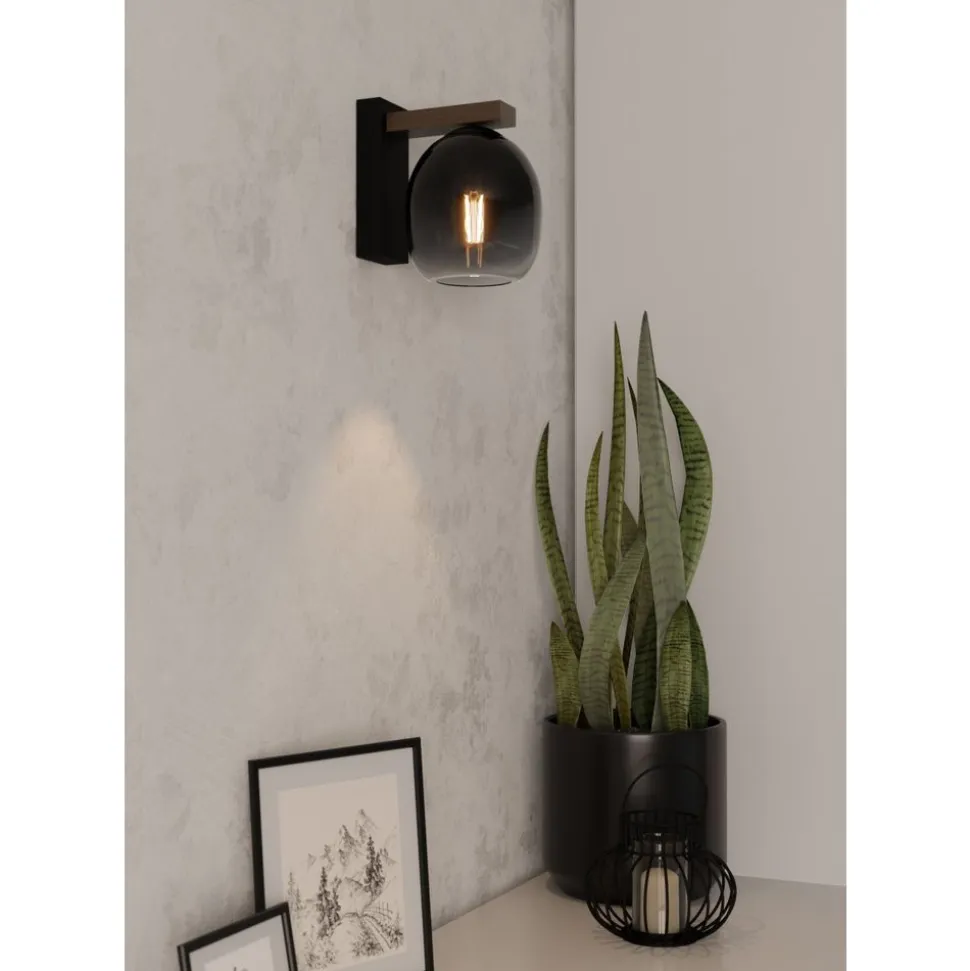Eglo FILAGO Wandlamp hout, staal bruin, zwart / Glas zwart, grijs, transparant H: 200 mm