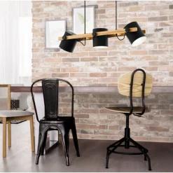 Eglo HORNWOOD hanglamp staal zwart, crème / Hout bruin H: 1100 mm