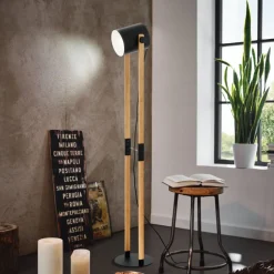 Eglo HORNWOOD Staande lampen staal zwart, crème / Hout bruin H: 1400 mm