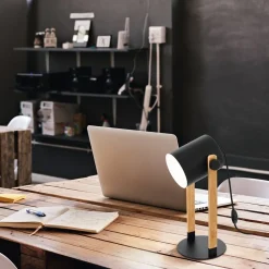 Eglo HORNWOOD Tafellampen staal zwart, crème / Hout bruin H: 420 mm