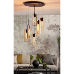 Eglo LITTLETON hanglamp staal zwart / Hout bruin H: 1500 mm | Ø 500 mm