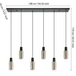 Eglo MAIONE hanglamp staal zwart / glas gestoomd grijs H: 1100 mm