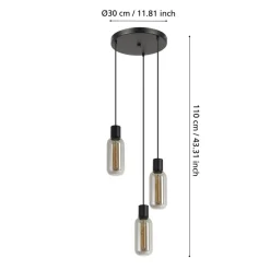 Eglo MAIONE hanglamp staal zwart / glas gestoomd grijs H: 1100 mm | Ø 300 mm