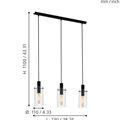 Eglo MONTEFINO hanglamp staal zwart / Glas helder H: 1100 mm
