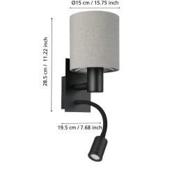 Eglo PASTERI Wandlamp staal zwart / textiel antraciet-bruin H: 380 mm