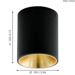 Eglo POLASSO Plafondarmaturen aluminium, kunststof zwart, goud H: 120 mm | Ø 100 mm