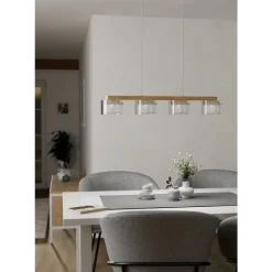 Eglo PORTICO-Z hanglamp staal, hout wit, bruin / staal, glas wit, helder H: 1100 mm