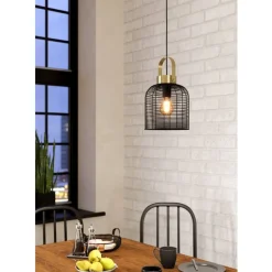 Eglo ROUNDHAM hanglamp staal zwart, geborsteld messing H: 1100 mm | Ø 220 mm