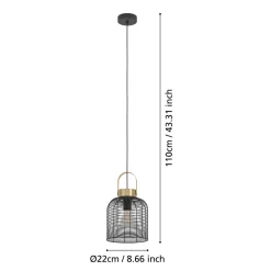 Eglo ROUNDHAM hanglamp staal zwart, geborsteld messing H: 1100 mm | Ø 220 mm