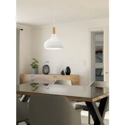 Eglo SABINAR hanglamp staal wit / Hout bruin H: 1100 mm | Ø 280 mm