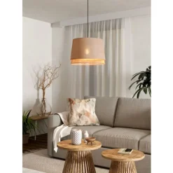 Eglo TABLEY hanglamp staal zwart / textiel, hout natuurlijk, bruin H: 1100 mm | Ø 380 mm