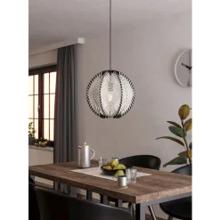 Eglo WAVERTON hanglamp staal zwart / textiel, hout wit, zwart H: 1100 mm | Ø 400 mm