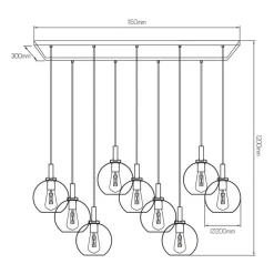 Fantasia OSIRA Pendel E27 9L Zwart + goud, amber glas 9x Ø200mm