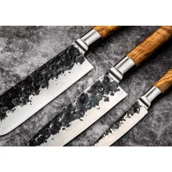 Forged Olive Messenset 3pcs - Koksmes + Hakbijl + Huishoudmes