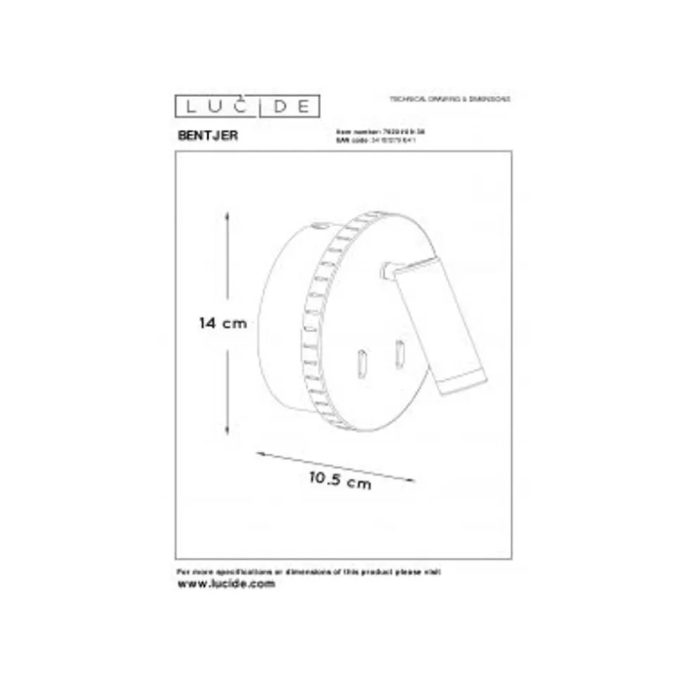 Lucide BENTJER - Wandlamp - Ø 14 cm - LED - 3000K - Zwart