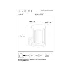 Lucide CADIX - Wandlamp Buiten - 1xE27 - IP65 - Zwart