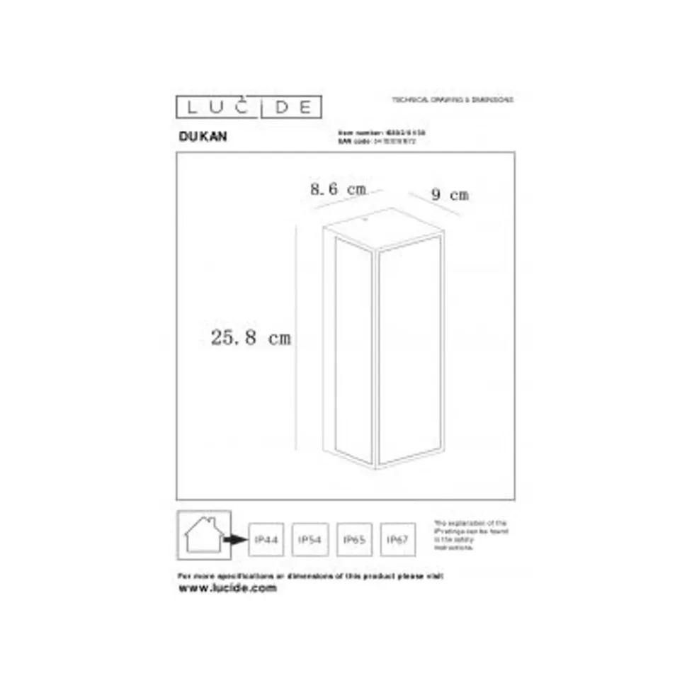Lucide DUKAN - Wandlamp Buiten - 1xE27 - IP65 - Zwart
