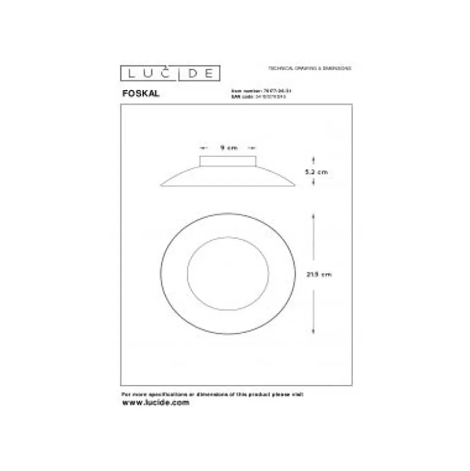 Lucide FOSKAL - Plafonnière - Ø 21,5 cm - LED - 1x6W 2700K - Wit