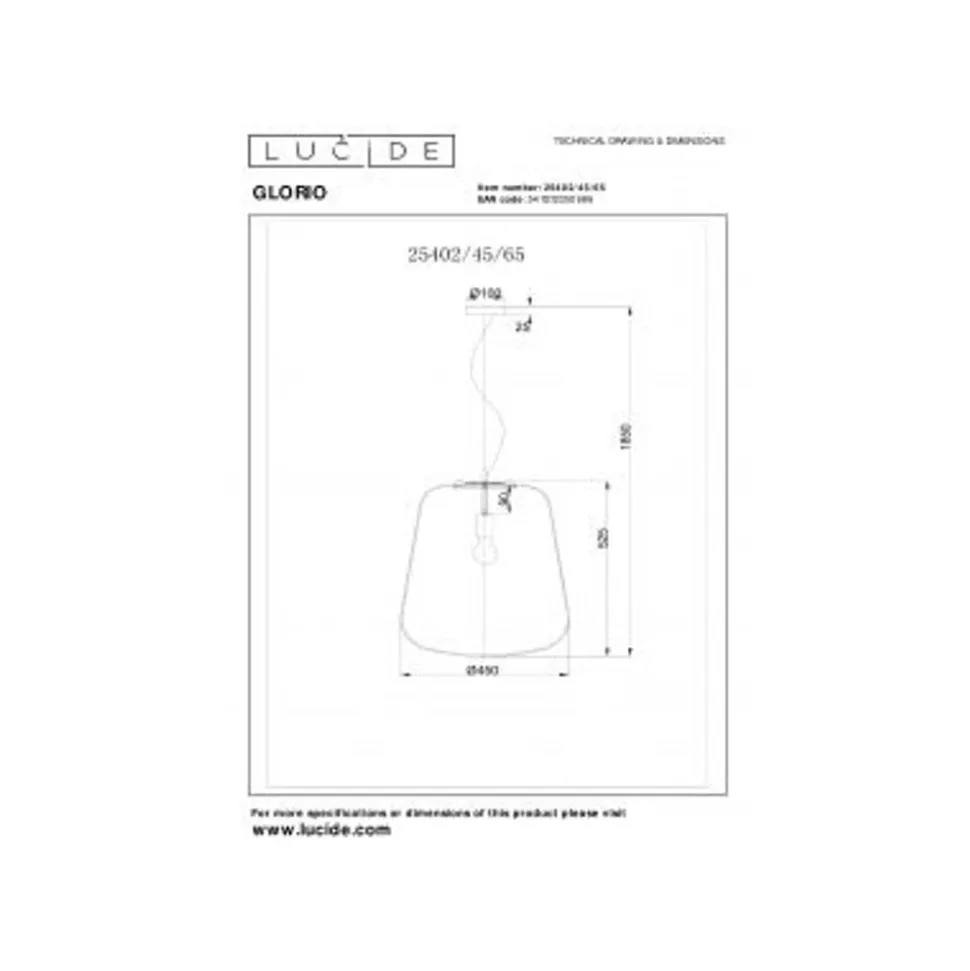 Lucide GLORIO Hanglamp-Zwart-Ø45-1xE27-60W-Glas