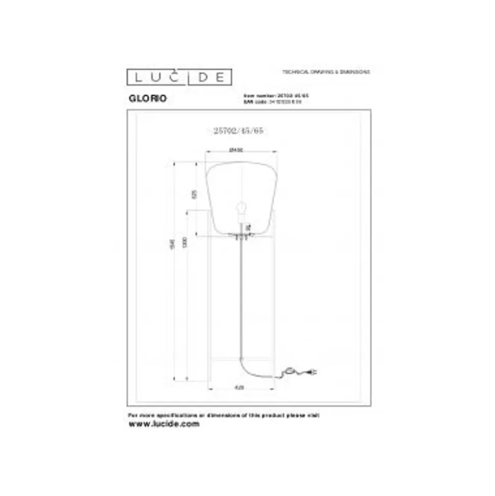 Lucide GLORIO Vloerlamp-Zwart-Ø45-1xE27-60W-Glas