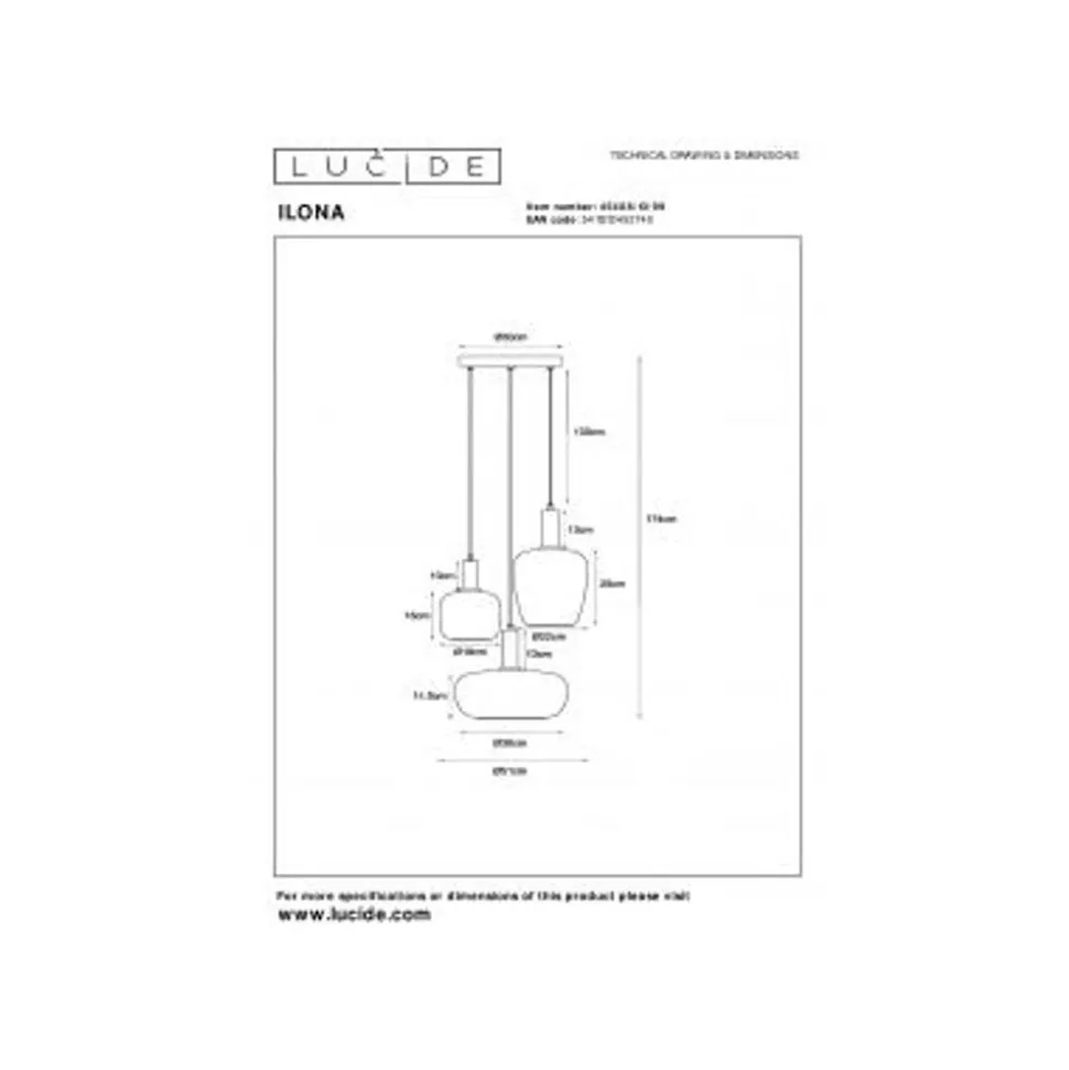 Lucide ILONA Hanglamp-Zwart-3xE27-40W-Glas