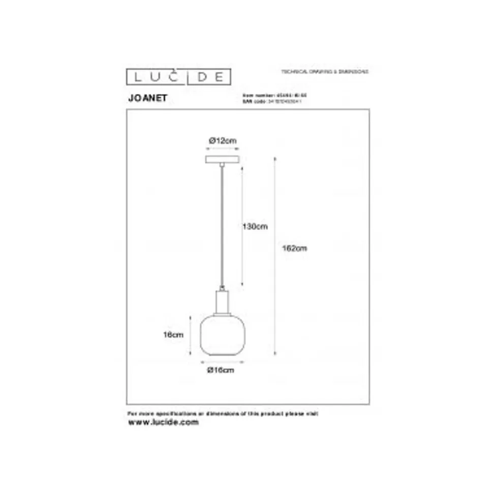 Lucide JOANET Hanglamp-Fumé-Ø16-1xE27-40W-Glas