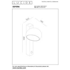 Lucide Premium ESFERA - Wandlamp - LED Dimb. - 1x9W 2700K - Wit