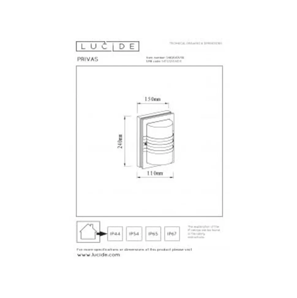 Lucide PRIVAS Wandlamp Buiten-Zwart-1xE27-60W-IP44-PVC