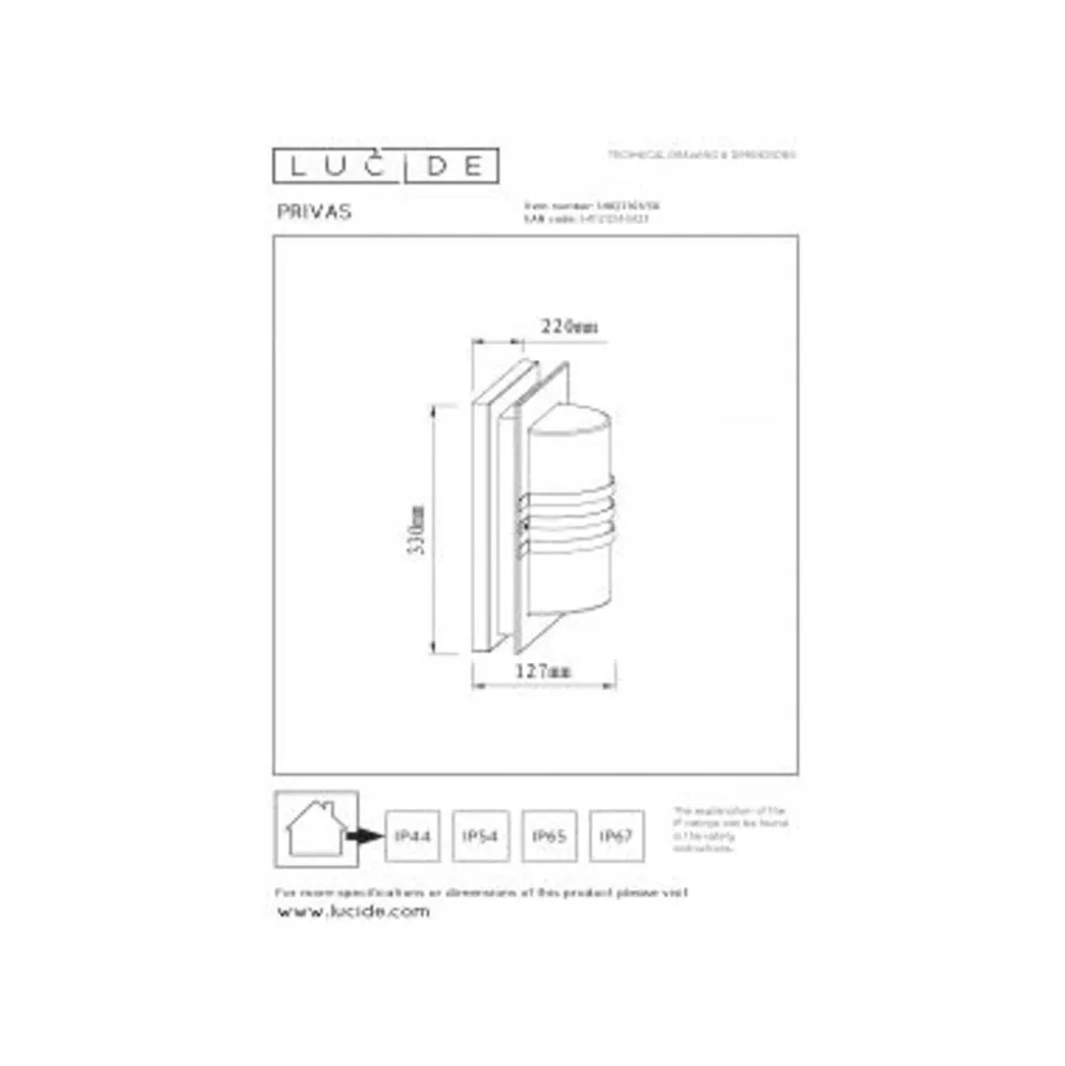 Lucide PRIVAS Wandlamp Buiten-Zwart-1xE27-60W-IP44-PVC