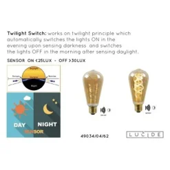 Lucide ST64 TWILIGHT SENSOR - Filament lamp Buiten - Ø 6,4 cm - LED - E27 - 1x4W 2200K - Amber
