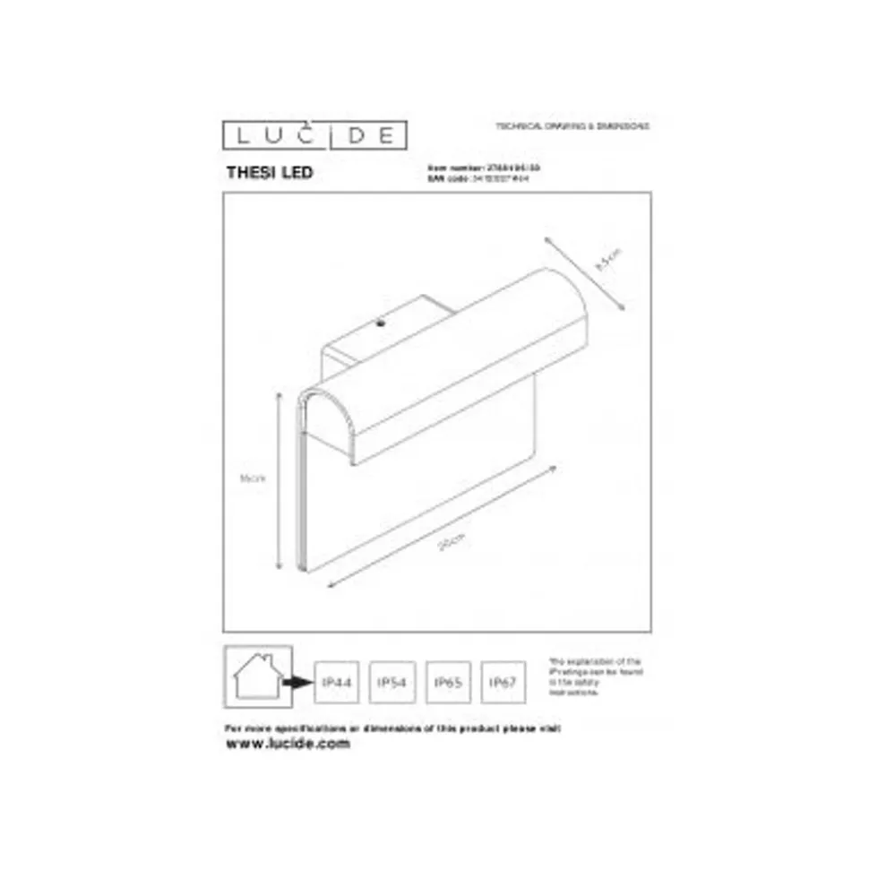 Lucide THESI LED - Wandlamp Buiten - LED - 1x8W 3000K - IP54 - Zwart Lucide