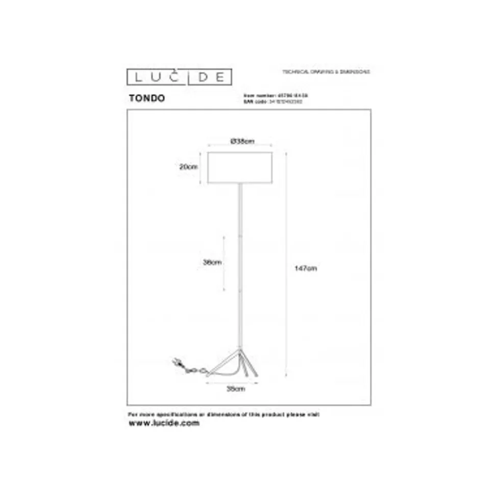Lucide TONDO Vloerlamp-Zwart-Ø38-1xE27-60W-Katoen