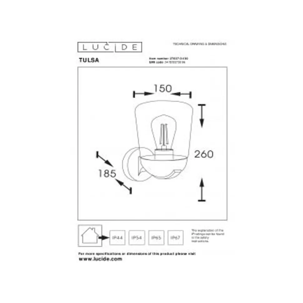 Lucide TULSA Wandlamp Buiten-Zwart-1xE27-40W-IP44-Glas