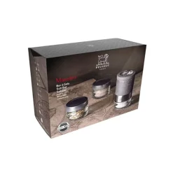 Peugeot Geschenkverpakking Maestro Zoutmolen + 3 zouten (Kalahari, Rose des Andes, Mélange Fraîcheur) graphite light