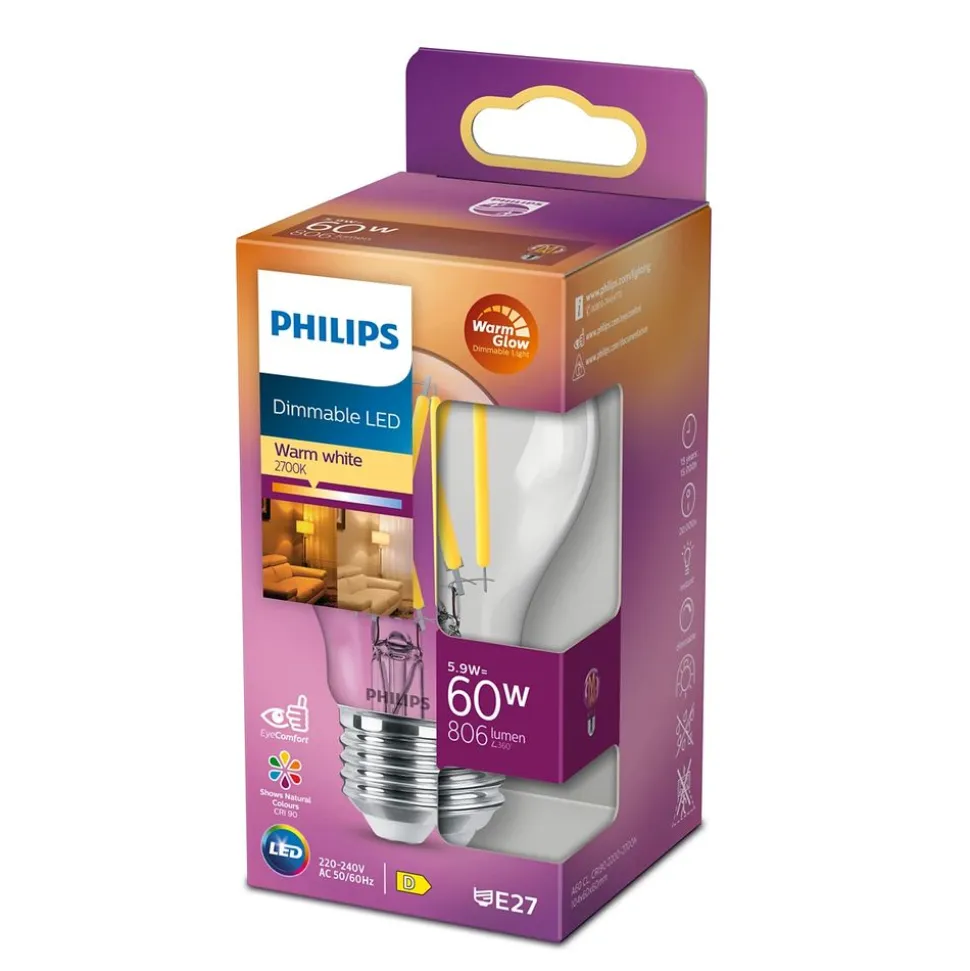 Philips Lighting LED-lamp filament E27 A60 5,9W-60W Dimbaar