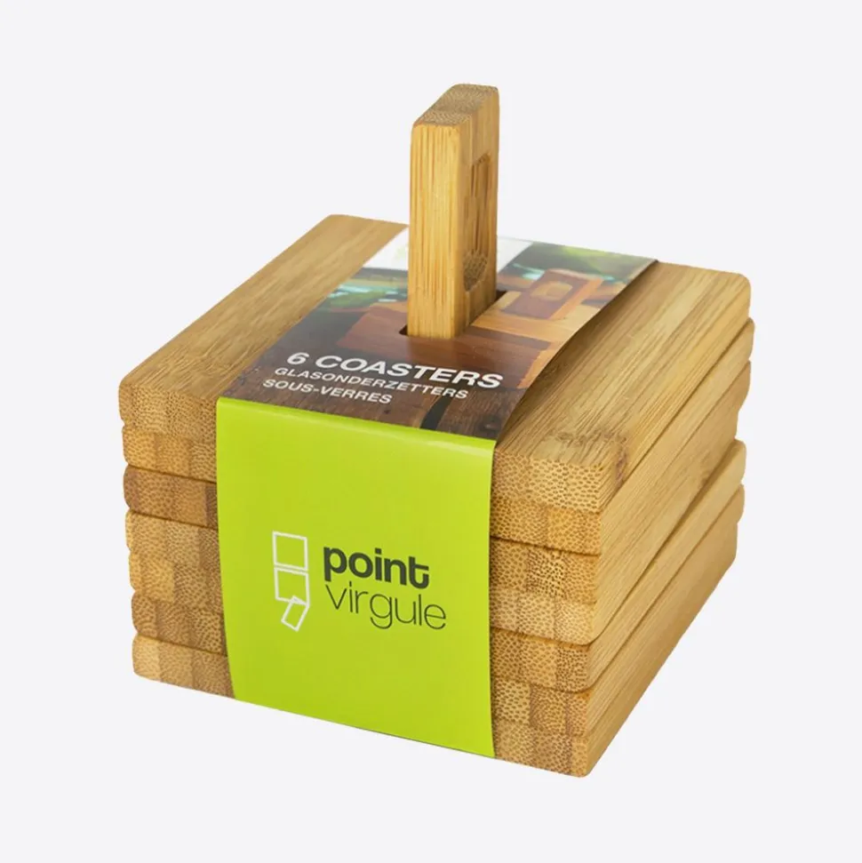 Point-Virgule Glasonderzetters uit bamboe 6 stuks op houder 8.8x8.8cm